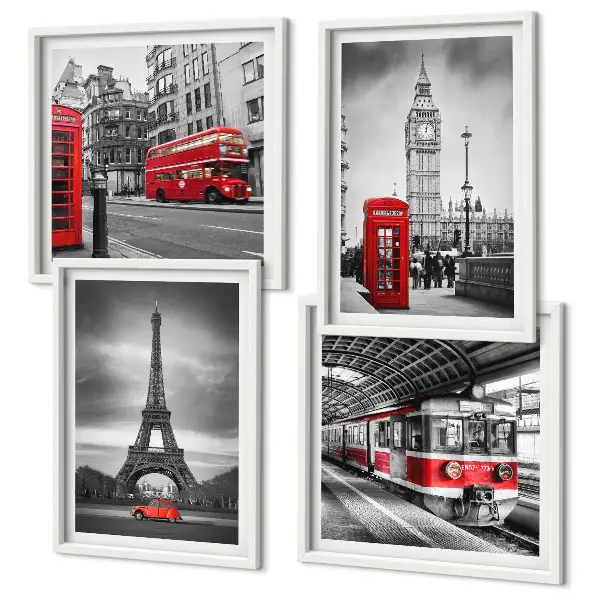 Bus rouges en ville ensemble de 4 tableaux