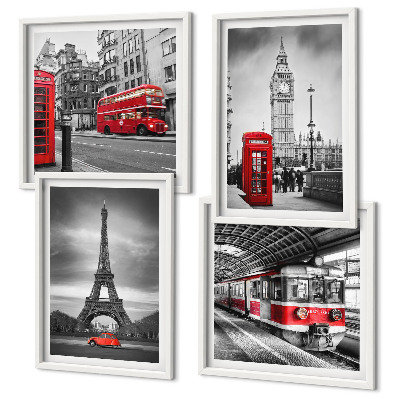 Ensemble de 4 tableaux Bus rouges en ville