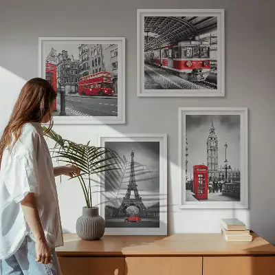 Bus rouges en ville ensemble de 4 tableaux