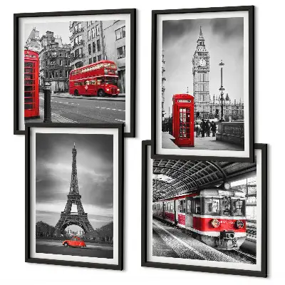 Bus rouges en ville ensemble de 4 tableaux