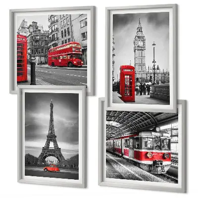 Bus rouges en ville ensemble de 4 tableaux