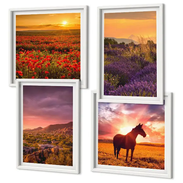 Tableau polyptyque 3 cadres paysage de montagne au cheval avec lavande