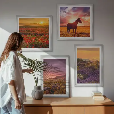 Tableau polyptyque 3 cadres paysage de montagne au cheval avec lavande