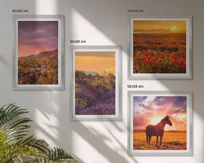 Tableau polyptyque 3 cadres paysage de montagne au cheval avec lavande