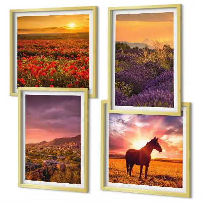 Tableau polyptyque 3 cadres paysage de montagne au cheval avec lavande