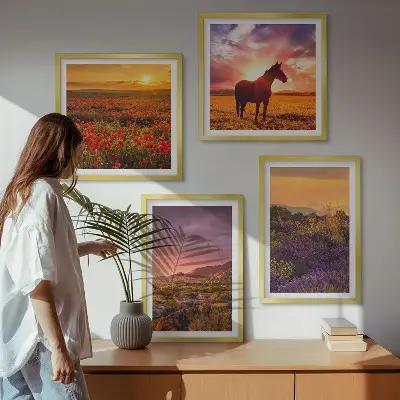 Tableau polyptyque 3 cadres paysage de montagne au cheval avec lavande