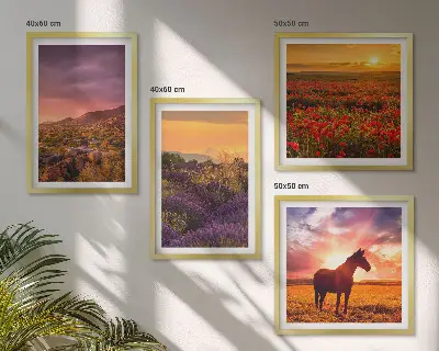 Tableau polyptyque 3 cadres paysage de montagne au cheval avec lavande