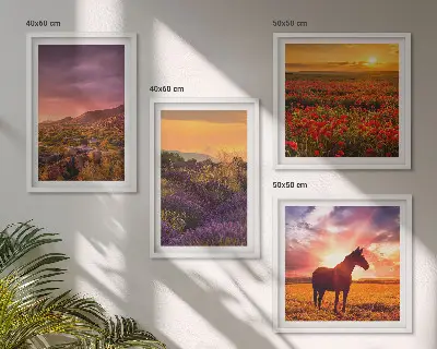 Tableau polyptyque 3 cadres paysage de montagne au cheval avec lavande