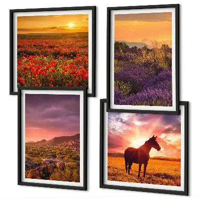 Tableau polyptyque 3 cadres paysage de montagne au cheval avec lavande