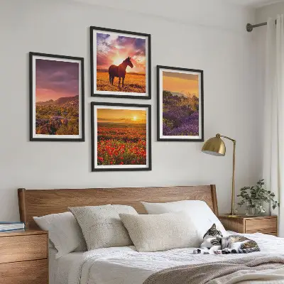 Tableau polyptyque 3 cadres paysage de montagne au cheval avec lavande