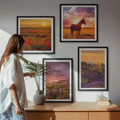 Tableau polyptyque 3 cadres paysage de montagne au cheval avec lavande