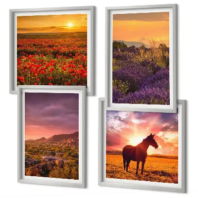 Tableau polyptyque 3 cadres paysage de montagne au cheval avec lavande