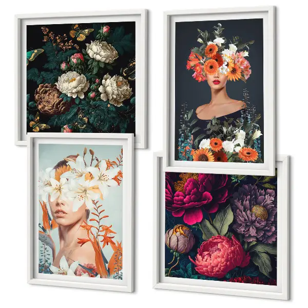 Portraits floraux bouquets feuilles ensemble de 4 tableaux