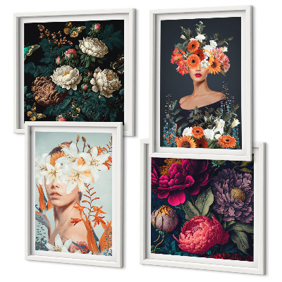 Ensemble de 4 tableaux Portraits floraux bouquets feuilles