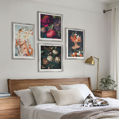 Ensemble de 4 tableaux Portraits floraux bouquets feuilles