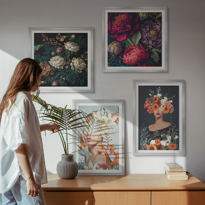 Ensemble de 4 tableaux Portraits floraux bouquets feuilles