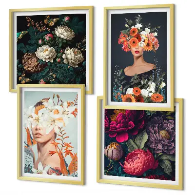 Portraits floraux bouquets feuilles ensemble de 4 tableaux