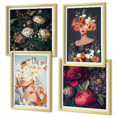 Ensemble de 4 tableaux Portraits floraux bouquets feuilles