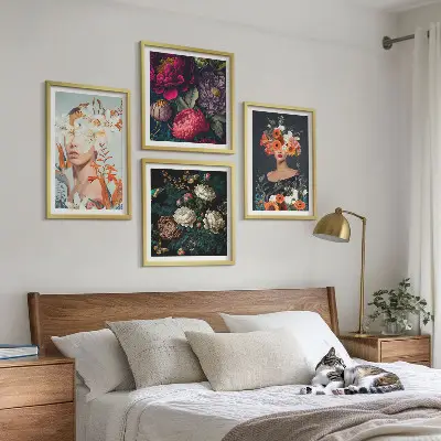 Portraits floraux bouquets feuilles ensemble de 4 tableaux