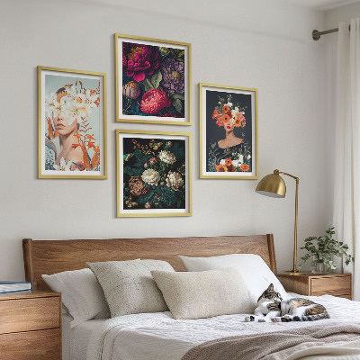 Ensemble de 4 tableaux Portraits floraux bouquets feuilles