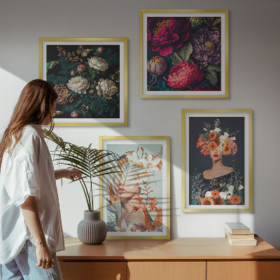 Ensemble de 4 tableaux Portraits floraux bouquets feuilles
