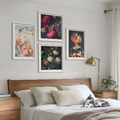Ensemble de 4 tableaux Portraits floraux bouquets feuilles