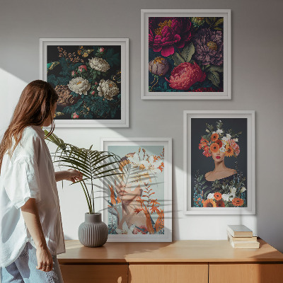 Ensemble de 4 tableaux Portraits floraux bouquets feuilles