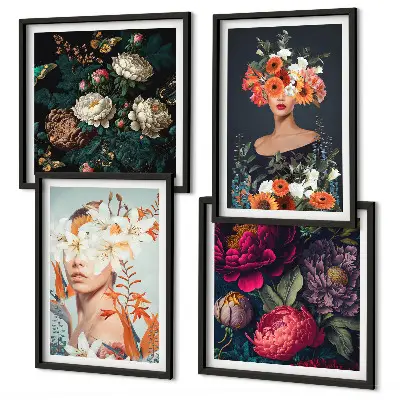 Portraits floraux bouquets feuilles ensemble de 4 tableaux