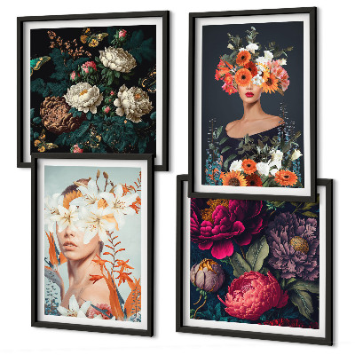 Ensemble de 4 tableaux Portraits floraux bouquets feuilles