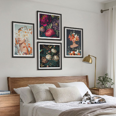 Ensemble de 4 tableaux Portraits floraux bouquets feuilles
