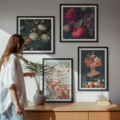 Ensemble de 4 tableaux Portraits floraux bouquets feuilles