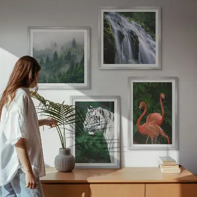 Tableau polyptyque 3 cadres motif cascade du tigre et flamants roses dans la nature