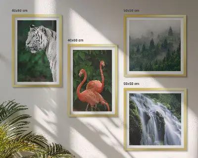 Tableau polyptyque 3 cadres motif cascade du tigre et flamants roses dans la nature