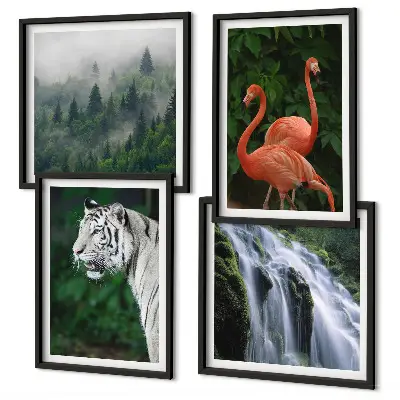 Tableau polyptyque 3 cadres motif cascade du tigre et flamants roses dans la nature