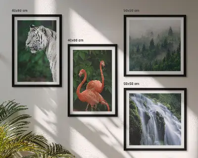 Tableau polyptyque 3 cadres motif cascade du tigre et flamants roses dans la nature