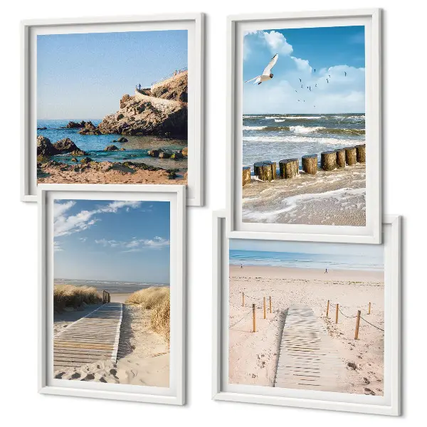 Mur de tableaux plage avec sable, vagues, ciel et oiseaux
