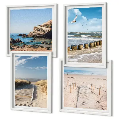 Mur de tableaux plage avec sable, vagues, ciel et oiseaux