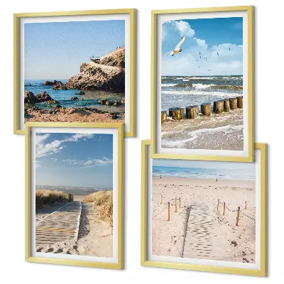 Mur de tableaux plage avec sable, vagues, ciel et oiseaux