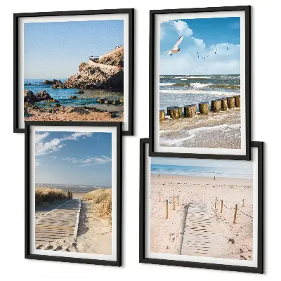 Mur de tableaux plage avec sable, vagues, ciel et oiseaux