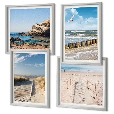 Mur de tableaux plage avec sable, vagues, ciel et oiseaux