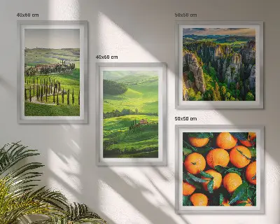 Mur de tableaux la campagne italienne avec des oranges et des éléments naturels