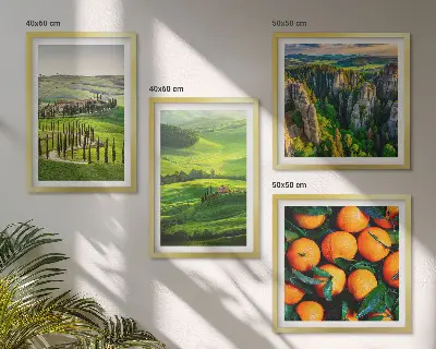 Mur de tableaux la campagne italienne avec des oranges et des éléments naturels