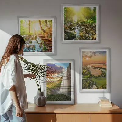 Tableau polyptyque 2 cadres représentant des chutes d'eau de la montagne orange