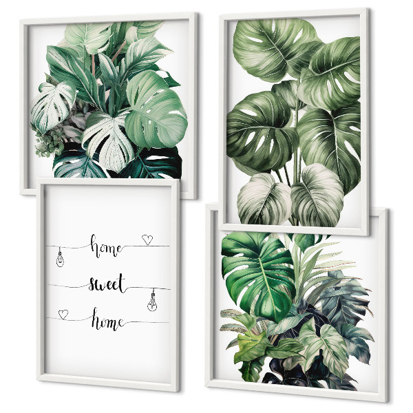Ensemble de 4 tableaux Feuilles de monstera à l'aquarelle
