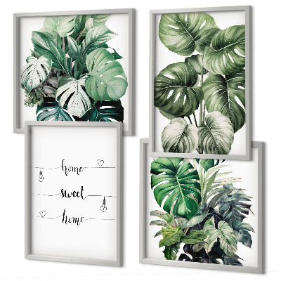 Ensemble de 4 tableaux Feuilles de monstera à l'aquarelle