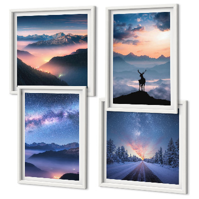 Polyptyque z cadres Ciel nocturne montagnes brouillard cerf