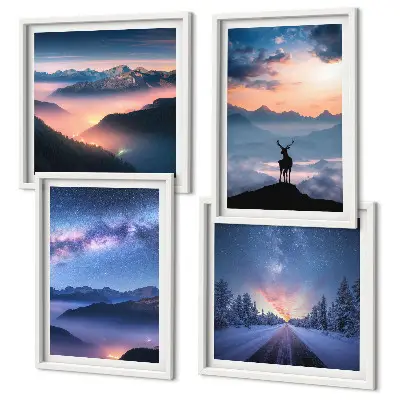 Tableau polyptyque 2 cadres représentant un ciel nocturne sur des montagnes dans le brouillard avec un cerf