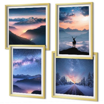 Polyptyque z cadres Ciel nocturne montagnes brouillard cerf