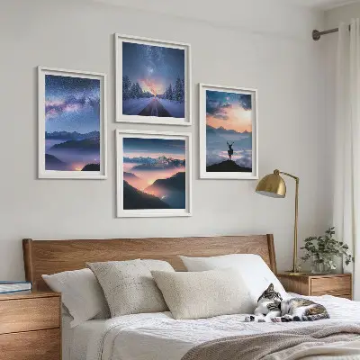 Tableau polyptyque 2 cadres représentant un ciel nocturne sur des montagnes dans le brouillard avec un cerf