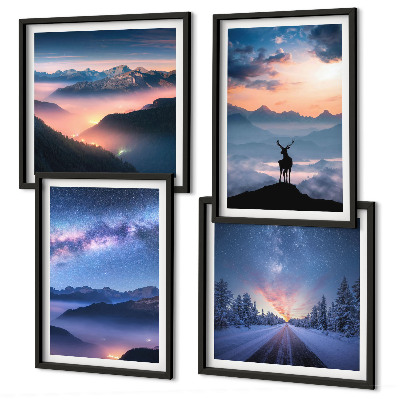 Polyptyque z cadres Ciel nocturne montagnes brouillard cerf